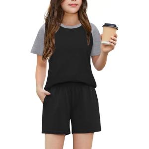 Arshiner Girls 2 Piece Outfits Summer Clothes Fashion Short Sleeve Pullover Tops and Shorts with Pockets Kids Clothing Set(Black&grey)