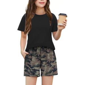 Arshiner Girls 2 Piece Outfits Summer Clothes Fashion Short Sleeve Pullover Tops and Shorts with Pockets Kids Clothing Set(Camouflage)