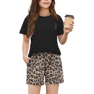 Arshiner Girls 2 Piece Outfits Summer Clothes Fashion Short Sleeve Pullover Tops and Shorts with Pockets Kids Clothing Set(Leopard)