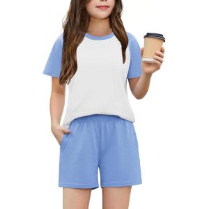 Arshiner Girls 2 Piece Outfits Summer Clothes Fashion Short Sleeve Pullover Tops and Shorts with Pockets Kids Clothing Set(Light Blue)