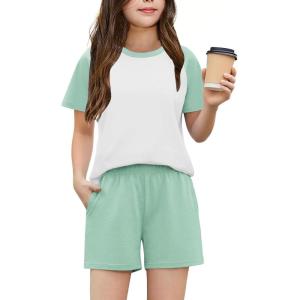 Arshiner Girls 2 Piece Outfits Summer Clothes Fashion Short Sleeve Pullover Tops and Shorts with Pockets Kids Clothing Set(Light Green)