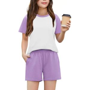 Arshiner Girls 2 Piece Outfits Summer Clothes Fashion Short Sleeve Pullover Tops and Shorts with Pockets Kids Clothing Set(Light Purple)