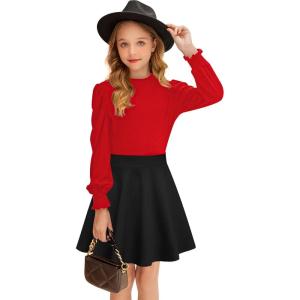 Arshiner Girls Skirt Set Knit Puff Sleeve Turtleneck Sweater Tops and Flared Mini Skirts with Pockets Clothing Sets(Red and Black)