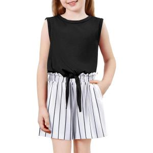 Arshiner Toddler Girls Short Sets Tie Knot Tank Top and Paperbag Waist Shorts Cute Girl Summer Clothing for 2-7 Years(White Stripe)