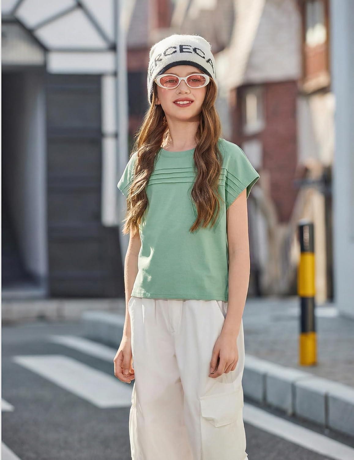 image:imageArshiner Girls 2 Piece Outfits Summer Clothes Short Sleeve Crewneck Tops Wide Leg Pants Trendy Clothing SetsLight Green
