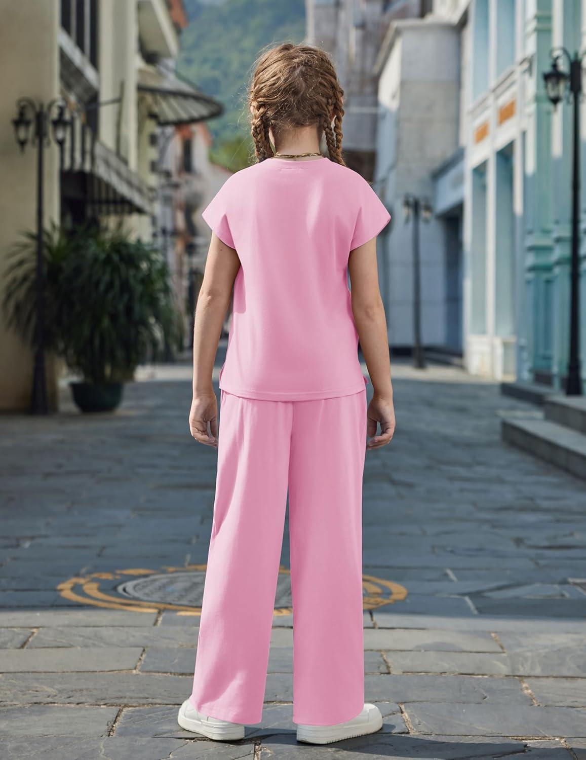 image:imageArshiner Girls 2 Piece Outfits Summer Clothes Short Sleeve Crewneck Tops Wide Leg Pants Trendy Clothing SetsPink