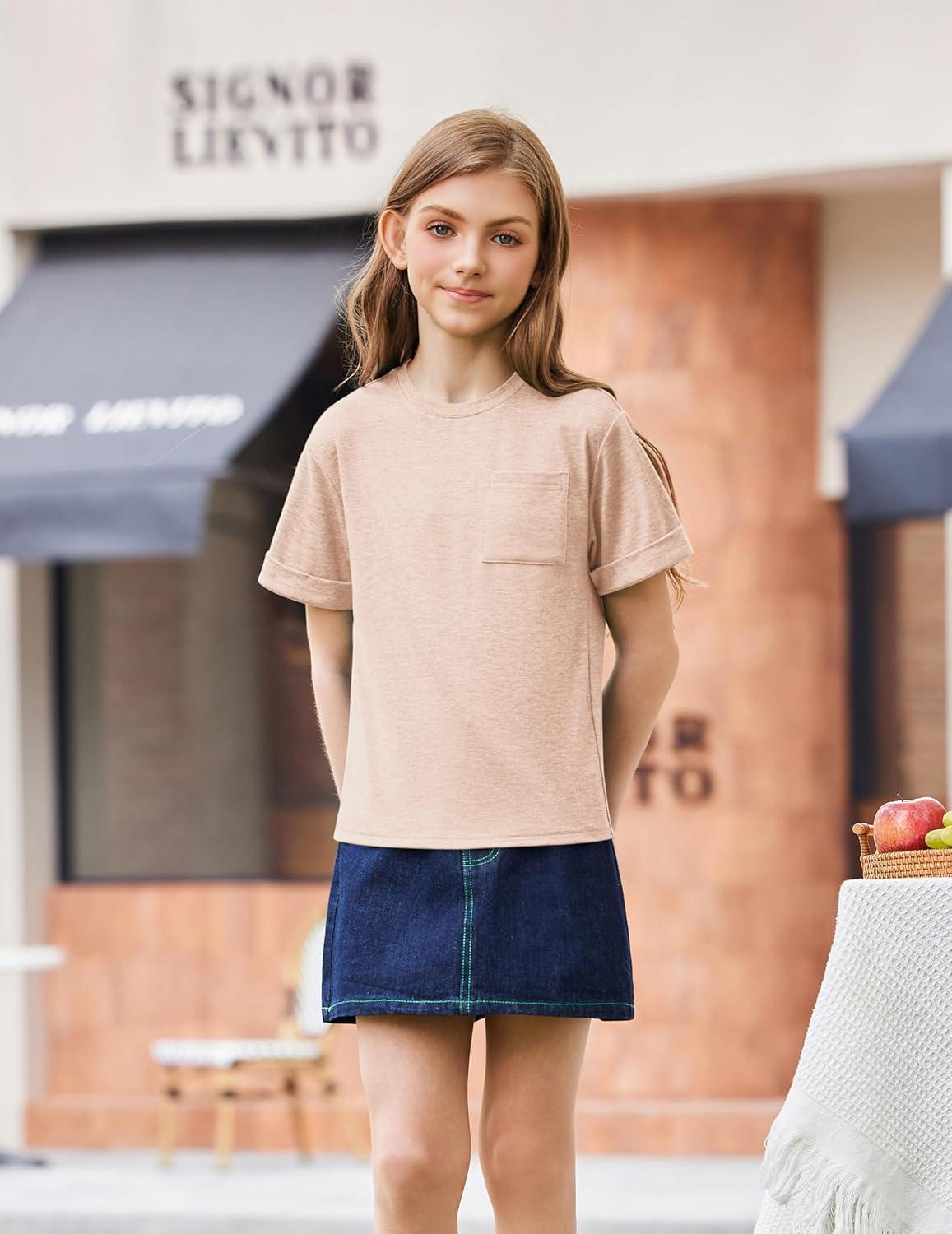 image:imageArshiner Girls Oversized T Shirts with Pocket Short Sleeve Basic Crewneck Summer Casual Loose Tops Clothes 514 YearsChampagne