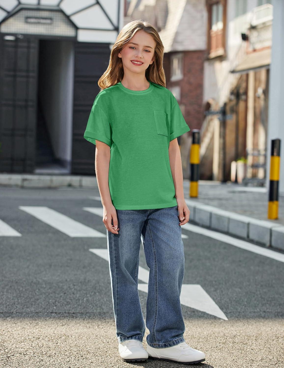 image:imageArshiner Girls Oversized T Shirts with Pocket Short Sleeve Basic Crewneck Summer Casual Loose Tops Clothes 514 YearsGreen