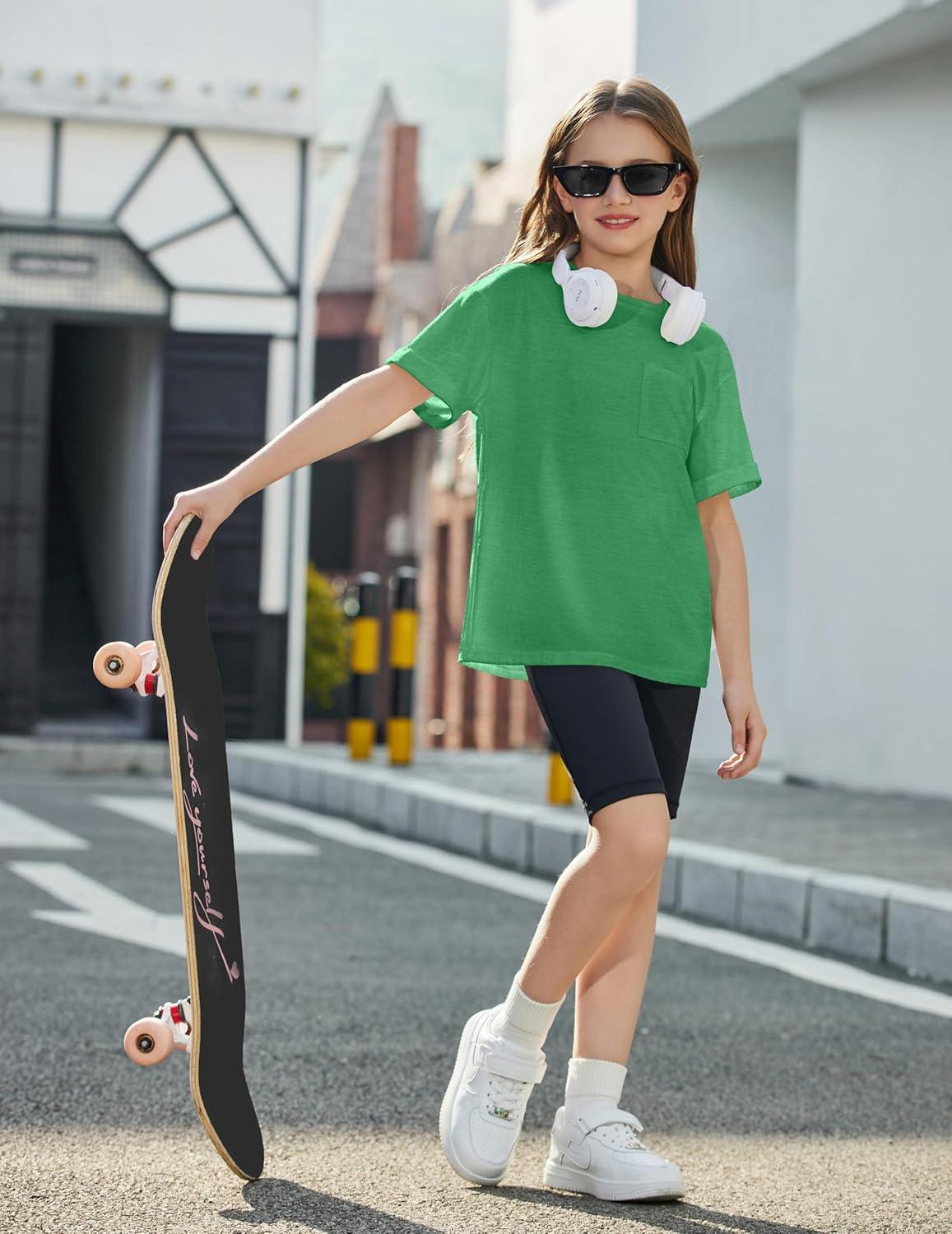 image:imageArshiner Girls Oversized T Shirts with Pocket Short Sleeve Basic Crewneck Summer Casual Loose Tops Clothes 514 YearsGreen