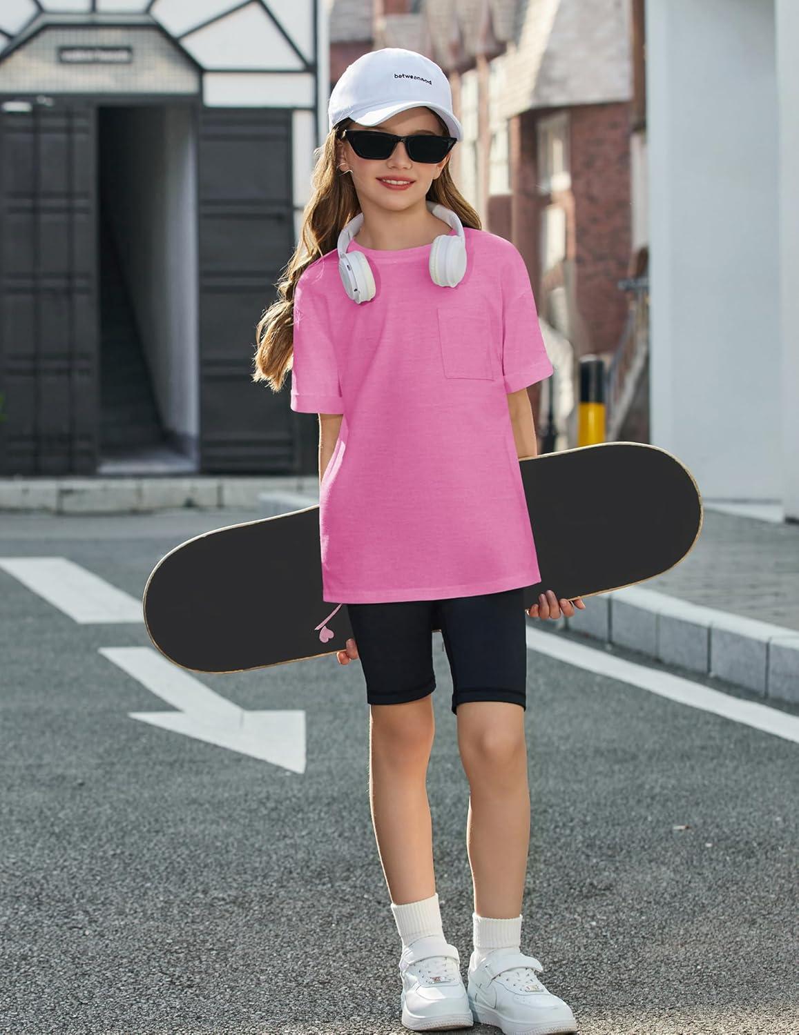 image:imageArshiner Girls Oversized T Shirts with Pocket Short Sleeve Basic Crewneck Summer Casual Loose Tops Clothes 514 YearsPeach Pink