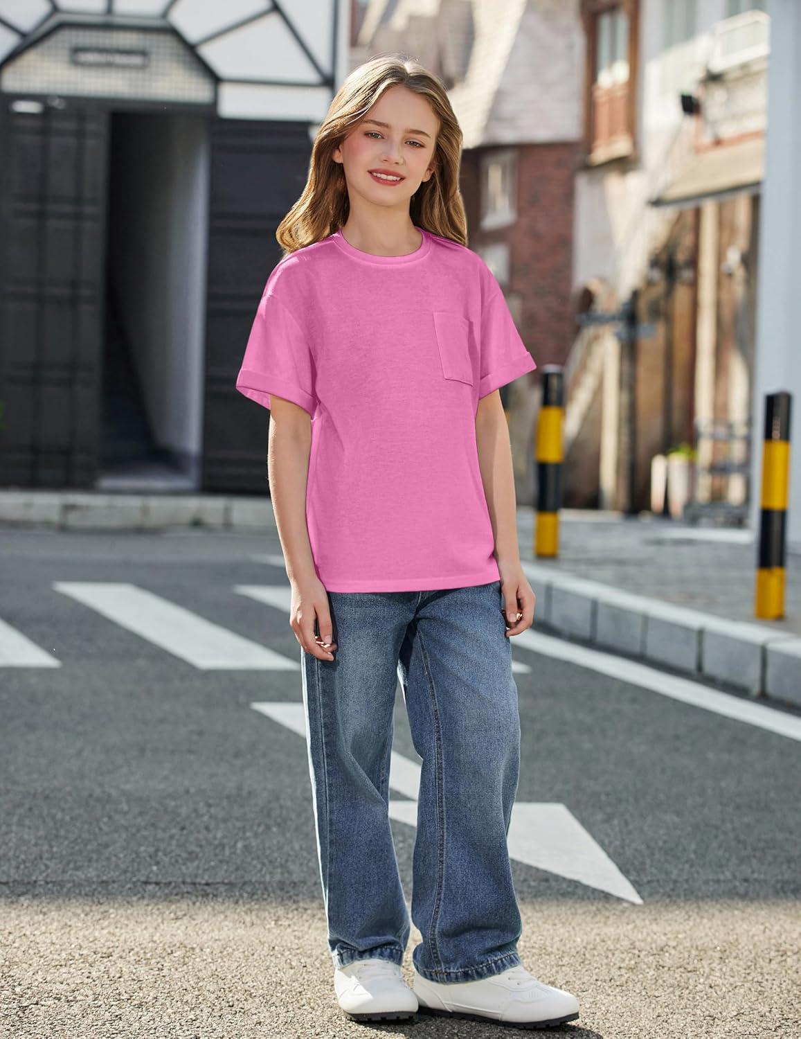 image:imageArshiner Girls Oversized T Shirts with Pocket Short Sleeve Basic Crewneck Summer Casual Loose Tops Clothes 514 YearsPeach Pink