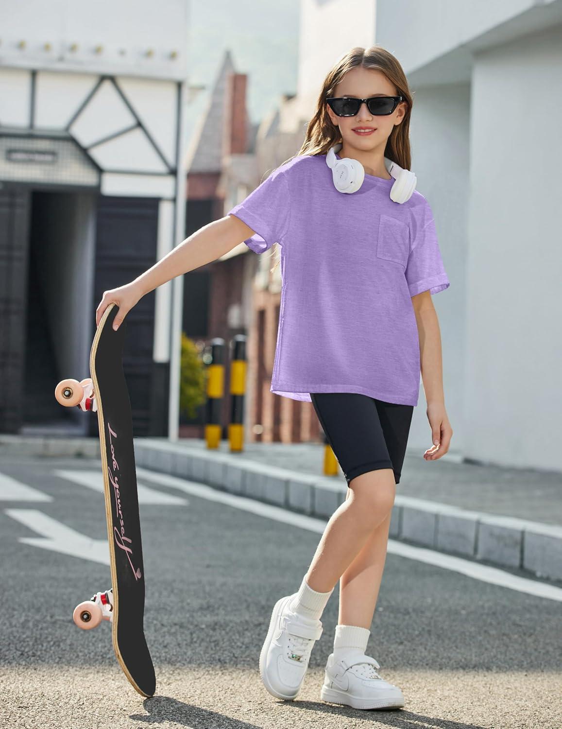 image:imageArshiner Girls Oversized T Shirts with Pocket Short Sleeve Basic Crewneck Summer Casual Loose Tops Clothes 514 YearsPurple