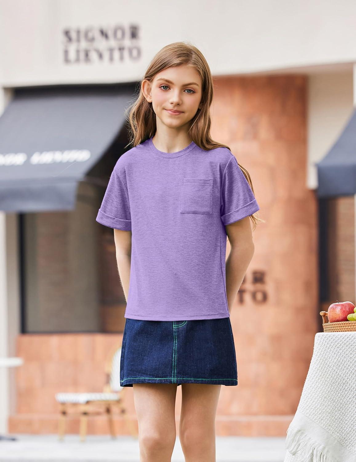 image:imageArshiner Girls Oversized T Shirts with Pocket Short Sleeve Basic Crewneck Summer Casual Loose Tops Clothes 514 YearsPurple