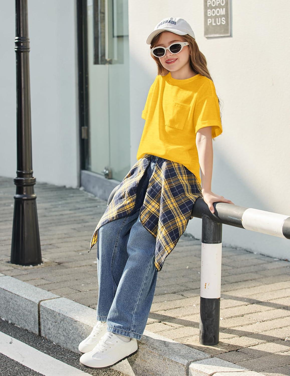 image:imageArshiner Girls Oversized T Shirts with Pocket Short Sleeve Basic Crewneck Summer Casual Loose Tops Clothes 514 YearsYellow
