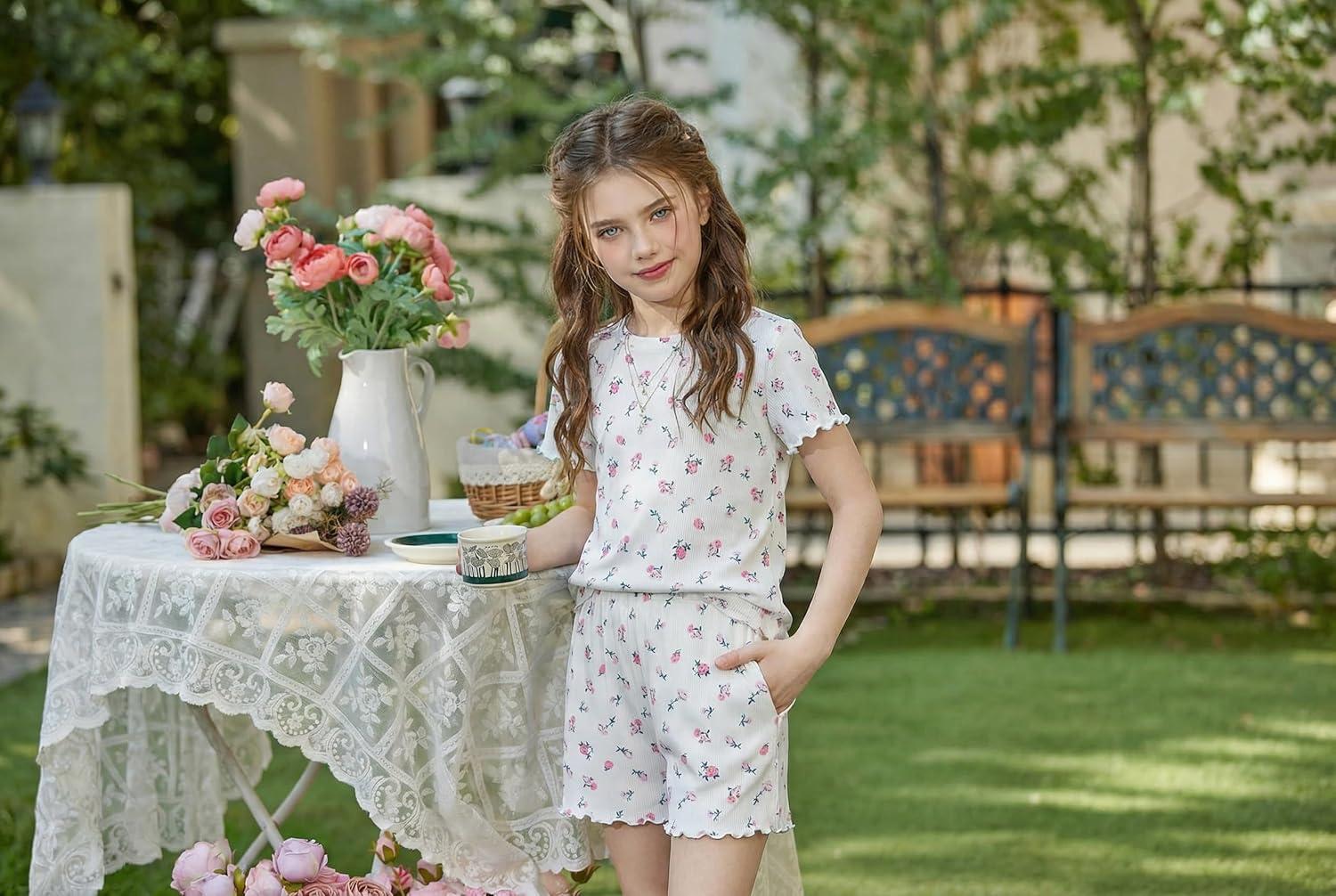 image:imageArshiner Girls Shorts Set 2Piece Ribbed Knit Summer Outfit Short Sleeve Top amp Elastic Waist Shorts Casual PlaywearFloral