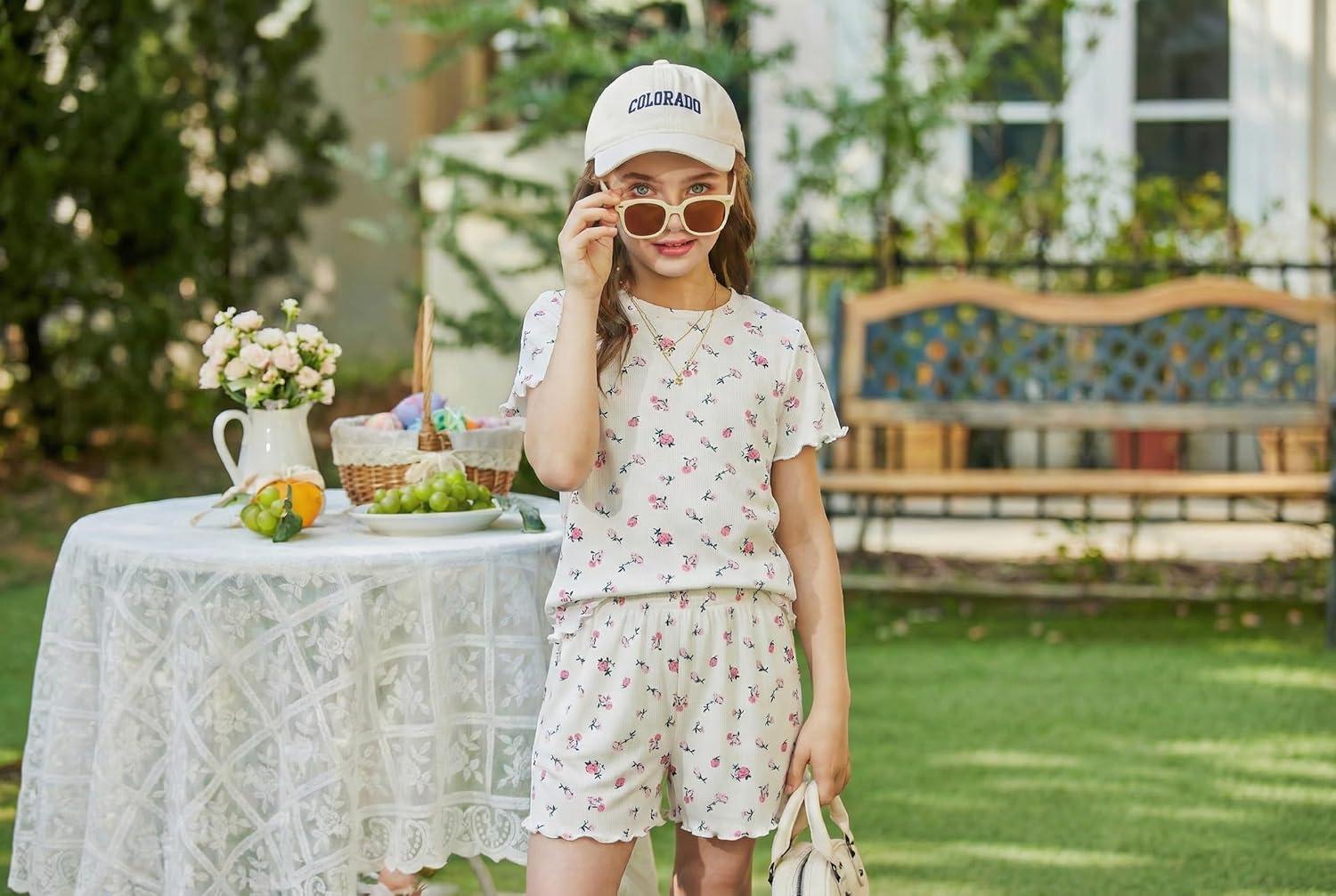 image:imageArshiner Girls Shorts Set 2Piece Ribbed Knit Summer Outfit Short Sleeve Top amp Elastic Waist Shorts Casual PlaywearFloral