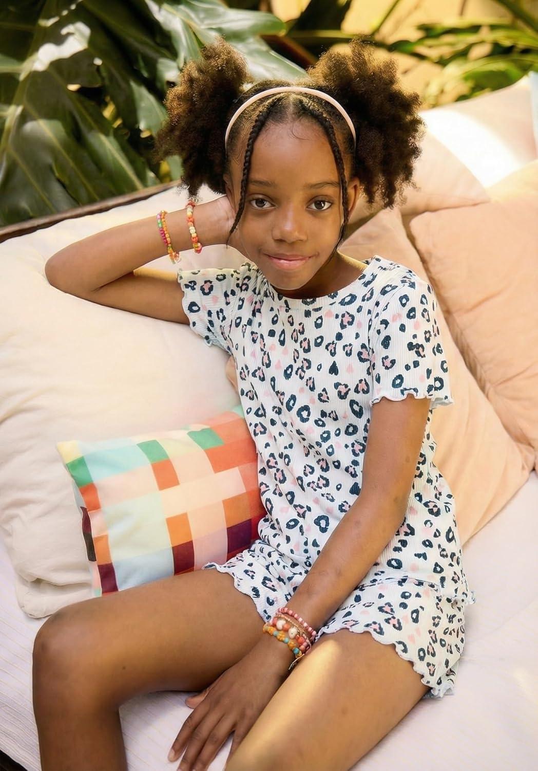 image:imageArshiner Girls Shorts Set 2Piece Ribbed Knit Summer Outfit Short Sleeve Top amp Elastic Waist Shorts Casual PlaywearLeopard