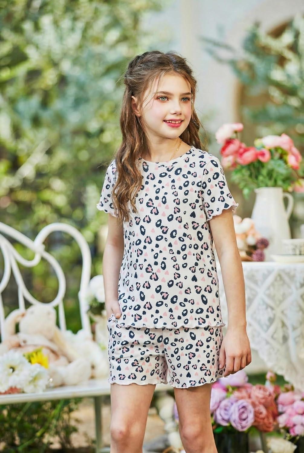 image:imageArshiner Girls Shorts Set 2Piece Ribbed Knit Summer Outfit Short Sleeve Top amp Elastic Waist Shorts Casual PlaywearLeopard