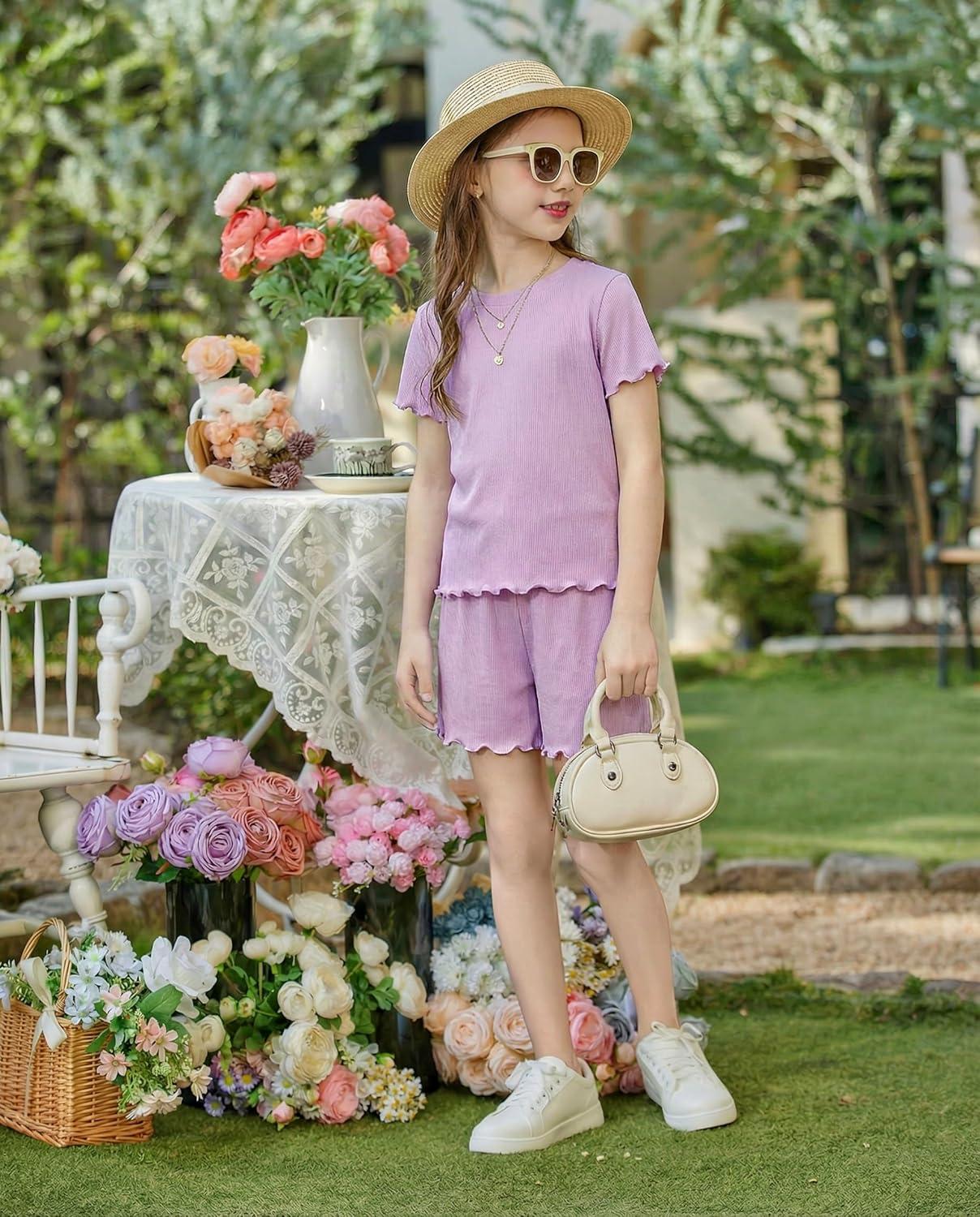 image:imageArshiner Girls Shorts Set 2Piece Ribbed Knit Summer Outfit Short Sleeve Top amp Elastic Waist Shorts Casual PlaywearLight Purple