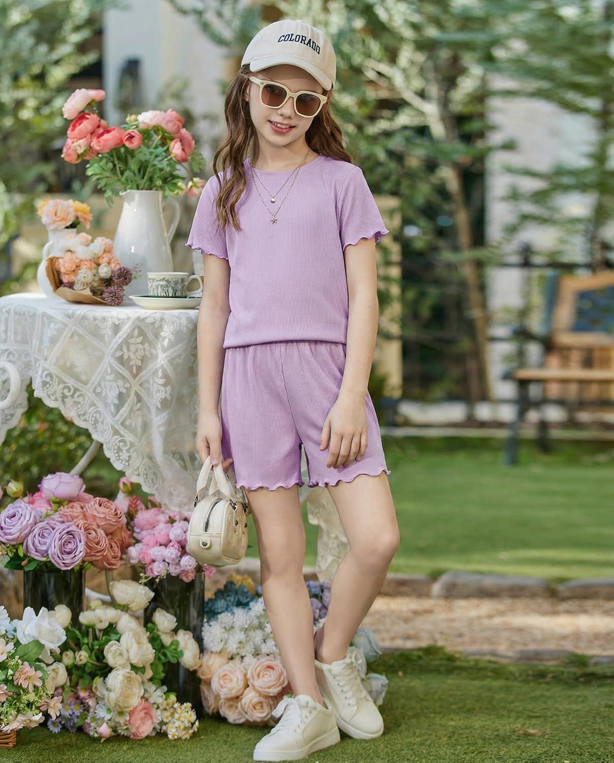 image:imageArshiner Girls Shorts Set 2Piece Ribbed Knit Summer Outfit Short Sleeve Top amp Elastic Waist Shorts Casual PlaywearLight Purple