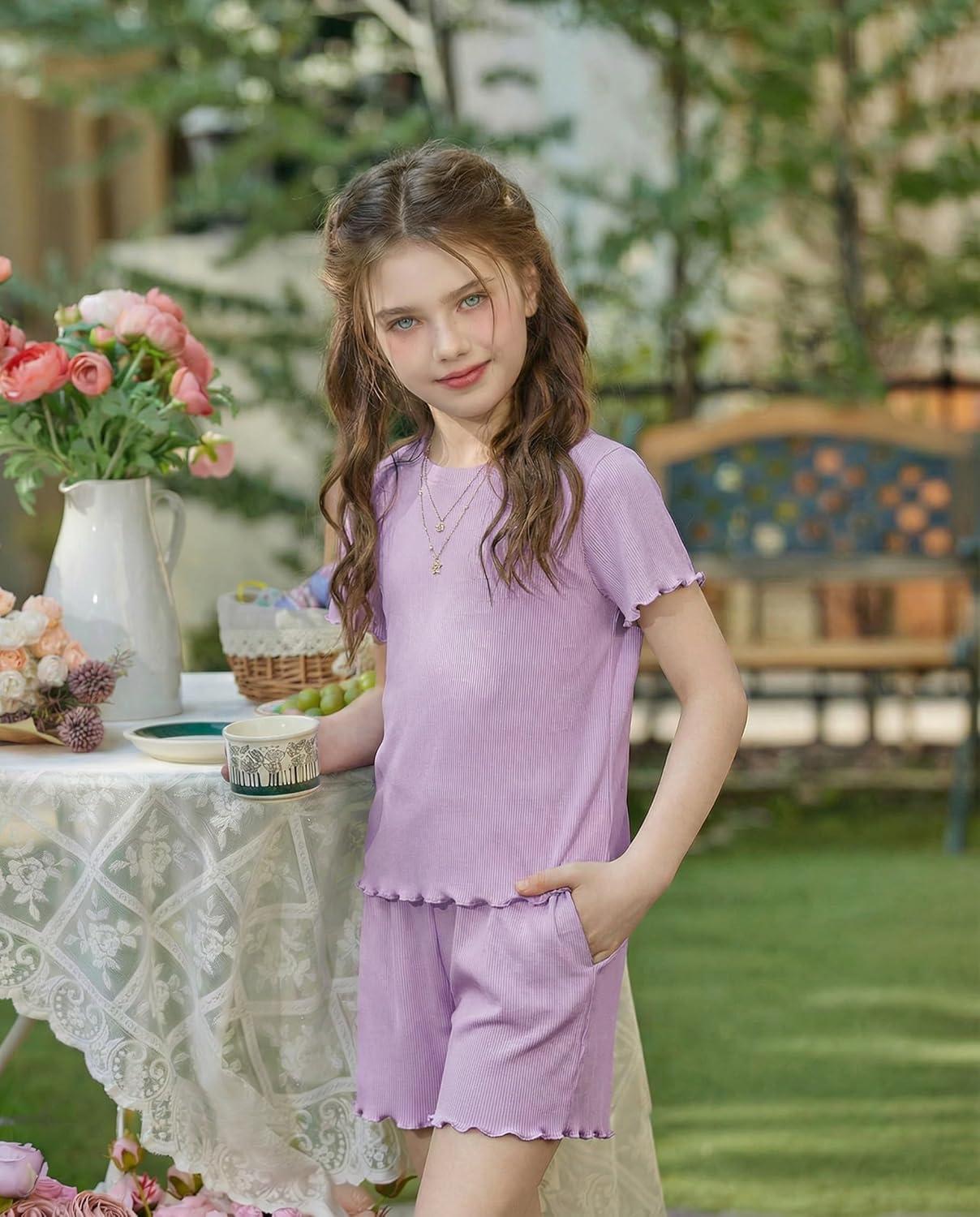 image:imageArshiner Girls Shorts Set 2Piece Ribbed Knit Summer Outfit Short Sleeve Top amp Elastic Waist Shorts Casual PlaywearLight Purple