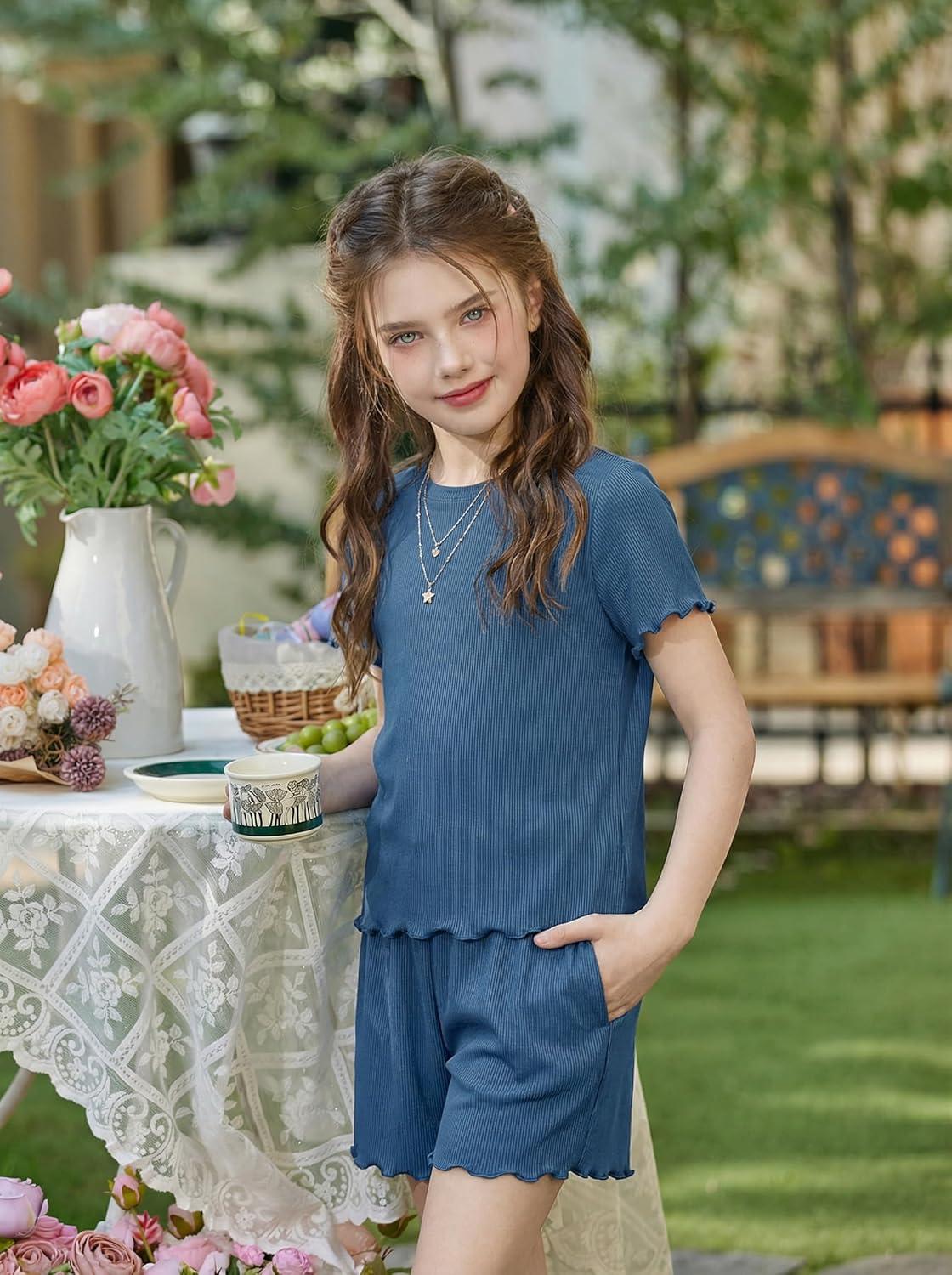 image:imageArshiner Girls Shorts Set 2Piece Ribbed Knit Summer Outfit Short Sleeve Top amp Elastic Waist Shorts Casual PlaywearNavy Blue