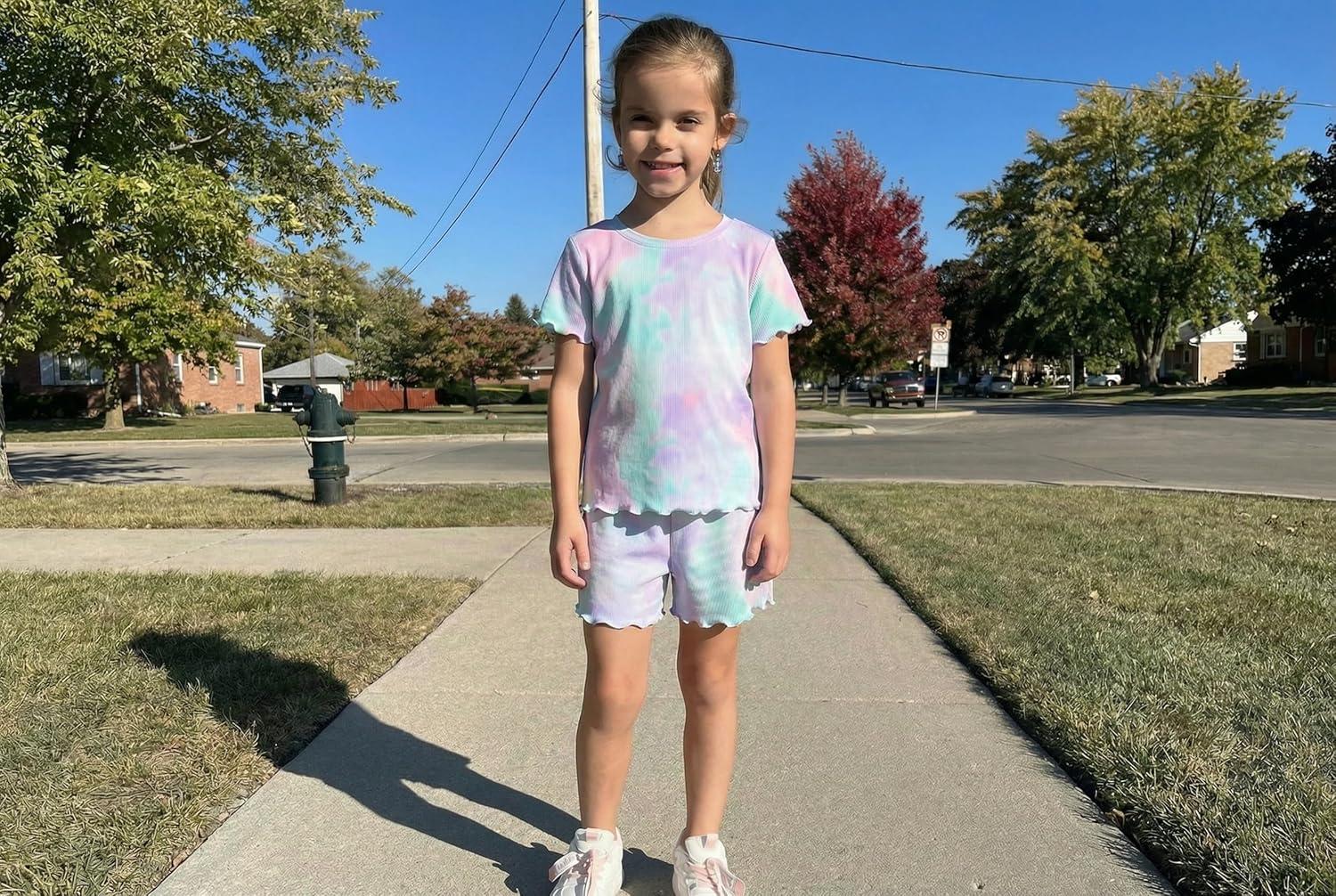 image:imageArshiner Girls Shorts Set 2Piece Ribbed Knit Summer Outfit Short Sleeve Top amp Elastic Waist Shorts Casual PlaywearTie Tye