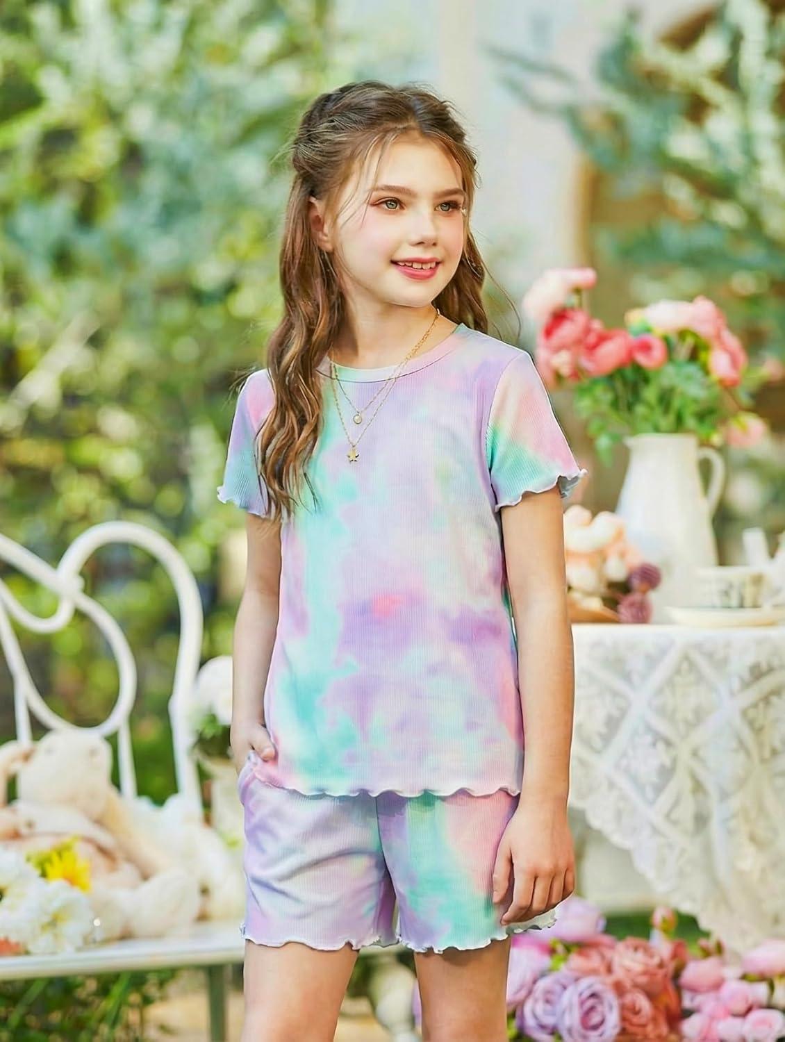 image:imageArshiner Girls Shorts Set 2Piece Ribbed Knit Summer Outfit Short Sleeve Top amp Elastic Waist Shorts Casual PlaywearTie Tye