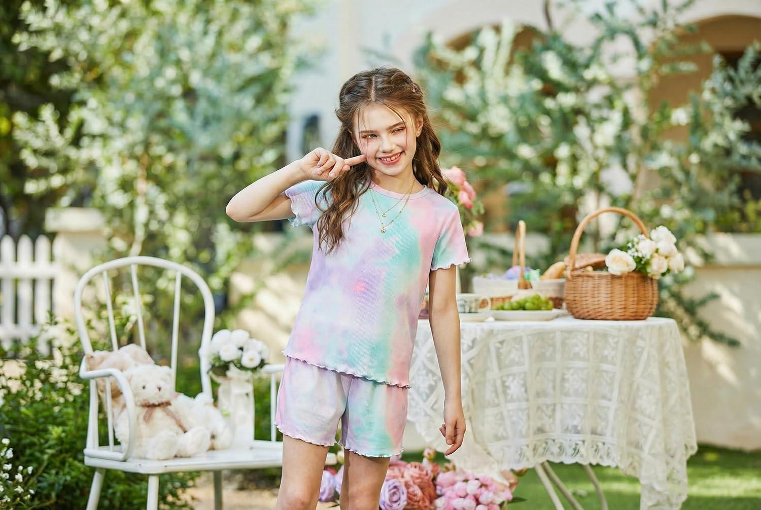 image:imageArshiner Girls Shorts Set 2Piece Ribbed Knit Summer Outfit Short Sleeve Top amp Elastic Waist Shorts Casual PlaywearTie Tye
