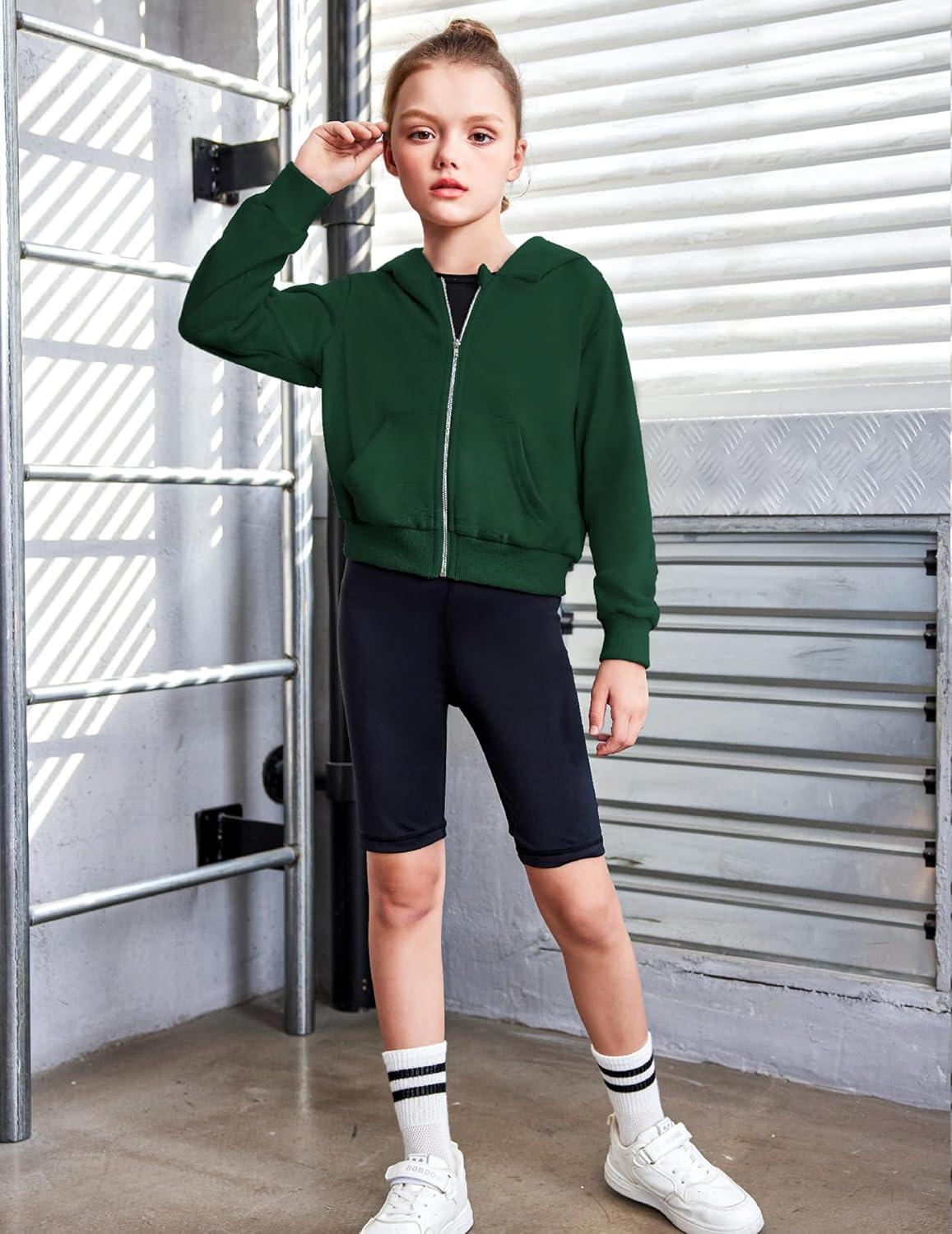 image:imageArshiner Girls Zip Up Hoodies Cropped FullZip Hoodie Kids Casual Sweatshirt Spring Fall Jackets with PocketsBright Green