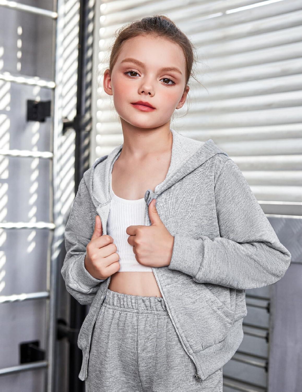 image:imageArshiner Girls Zip Up Hoodies Cropped FullZip Hoodie Kids Casual Sweatshirt Spring Fall Jackets with PocketsLight Grey