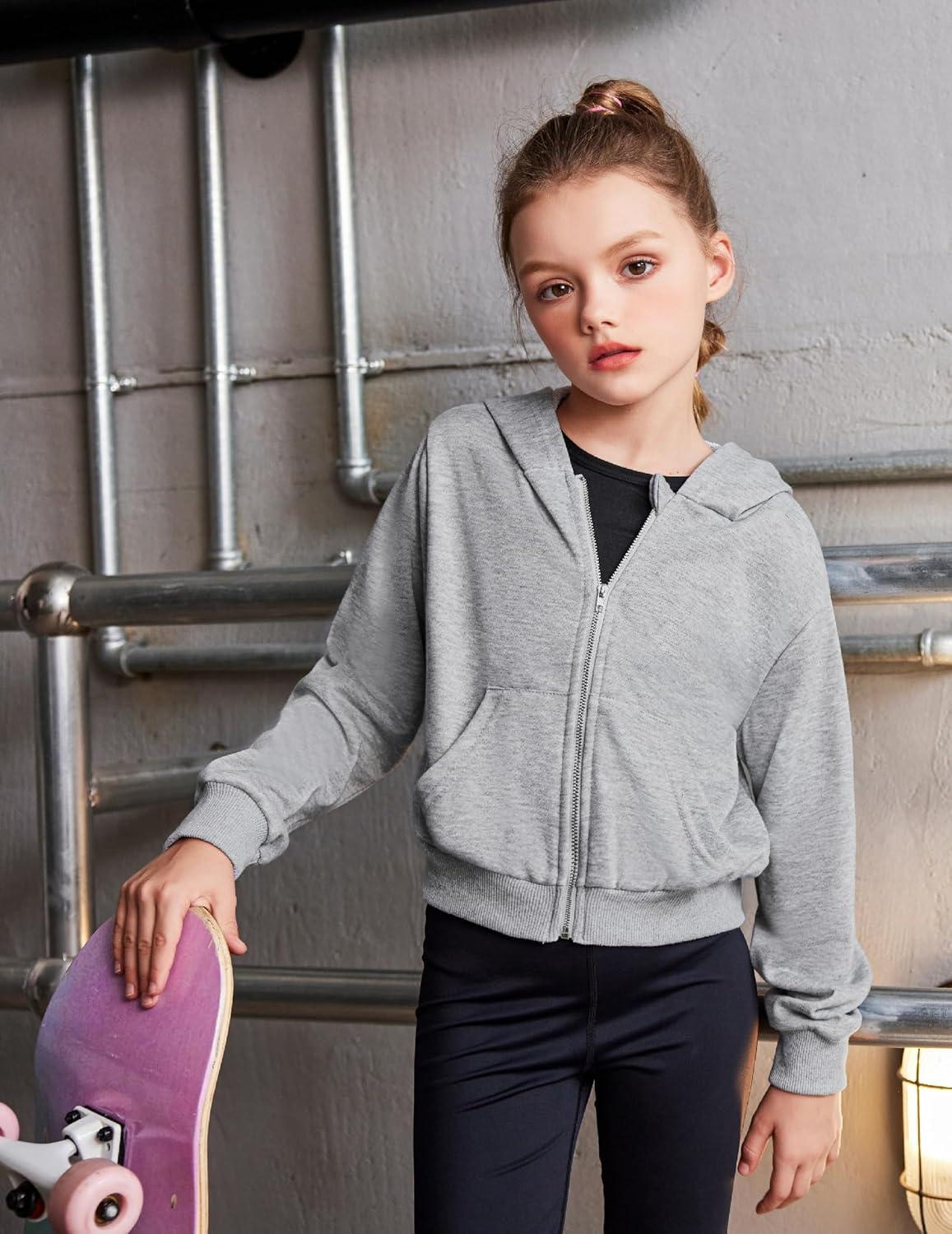 image:imageArshiner Girls Zip Up Hoodies Cropped FullZip Hoodie Kids Casual Sweatshirt Spring Fall Jackets with PocketsLight Grey