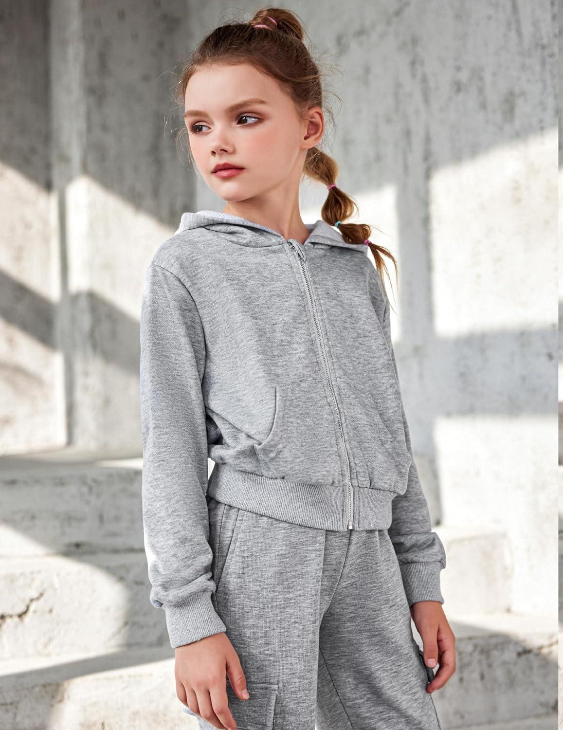 image:imageArshiner Girls Zip Up Hoodies Cropped FullZip Hoodie Kids Casual Sweatshirt Spring Fall Jackets with PocketsLight Grey