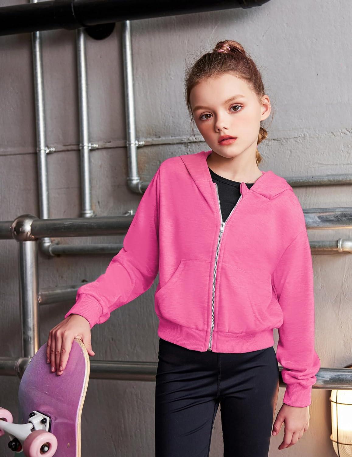 image:imageArshiner Girls Zip Up Hoodies Cropped FullZip Hoodie Kids Casual Sweatshirt Spring Fall Jackets with PocketsPeach Pink