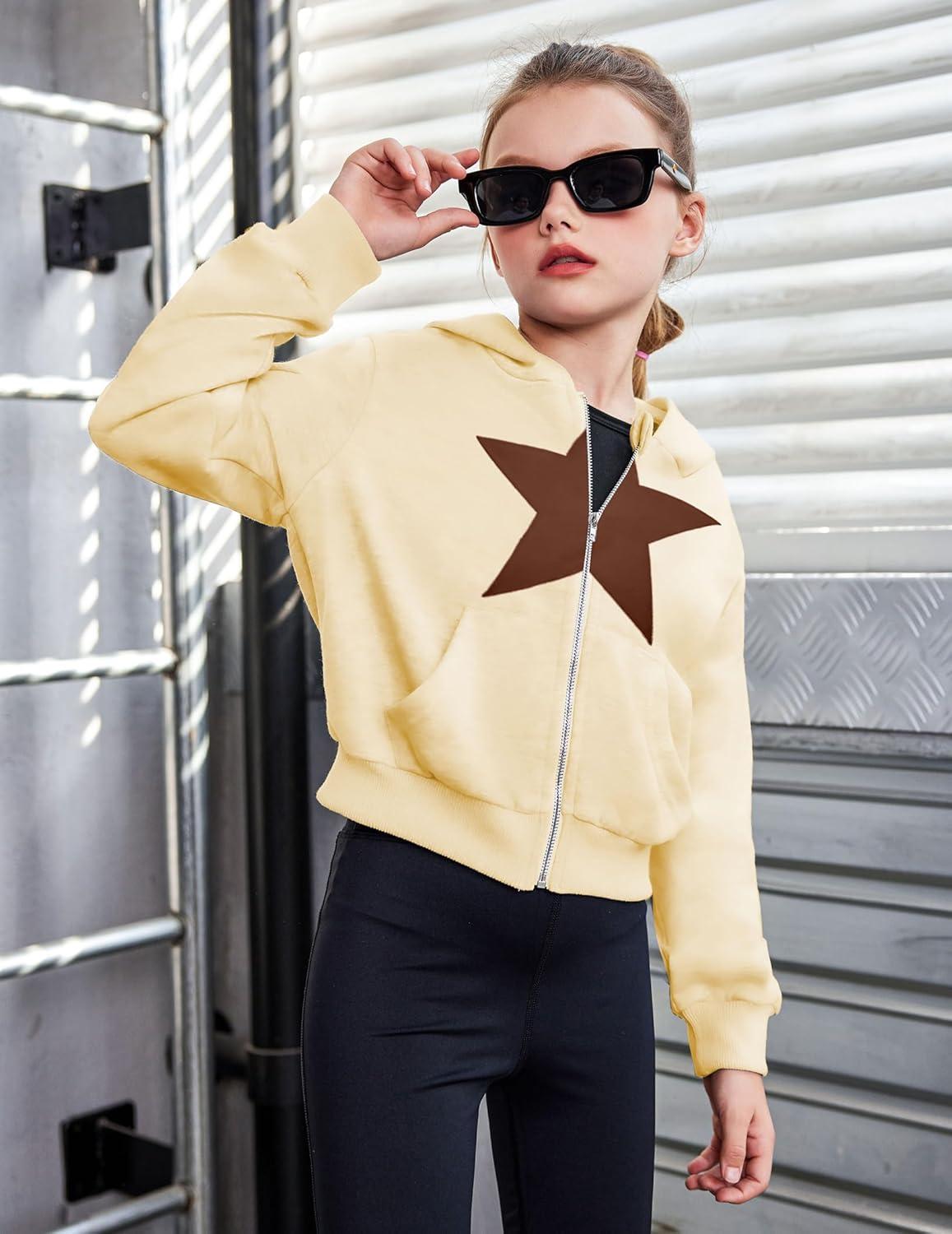 image:imageArshiner Girls Zip Up Hoodies Cropped FullZip Hoodie Kids Casual Sweatshirt Spring Fall Jackets with PocketsStarkhaki