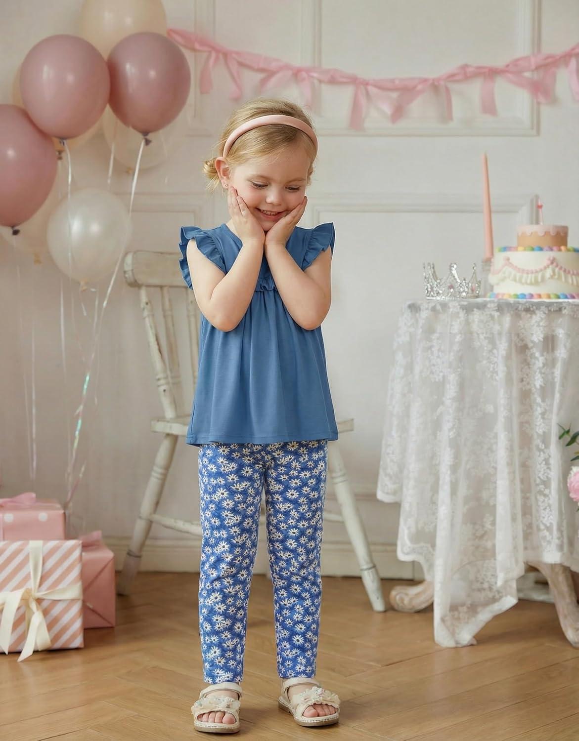 image:imageArshiner Toddler Girls 2Piece Outfits Ruffle Sleeve Tee amp Elastic Waist Pants Kids Summer Clothing Set For 210 YearsBlue Floral