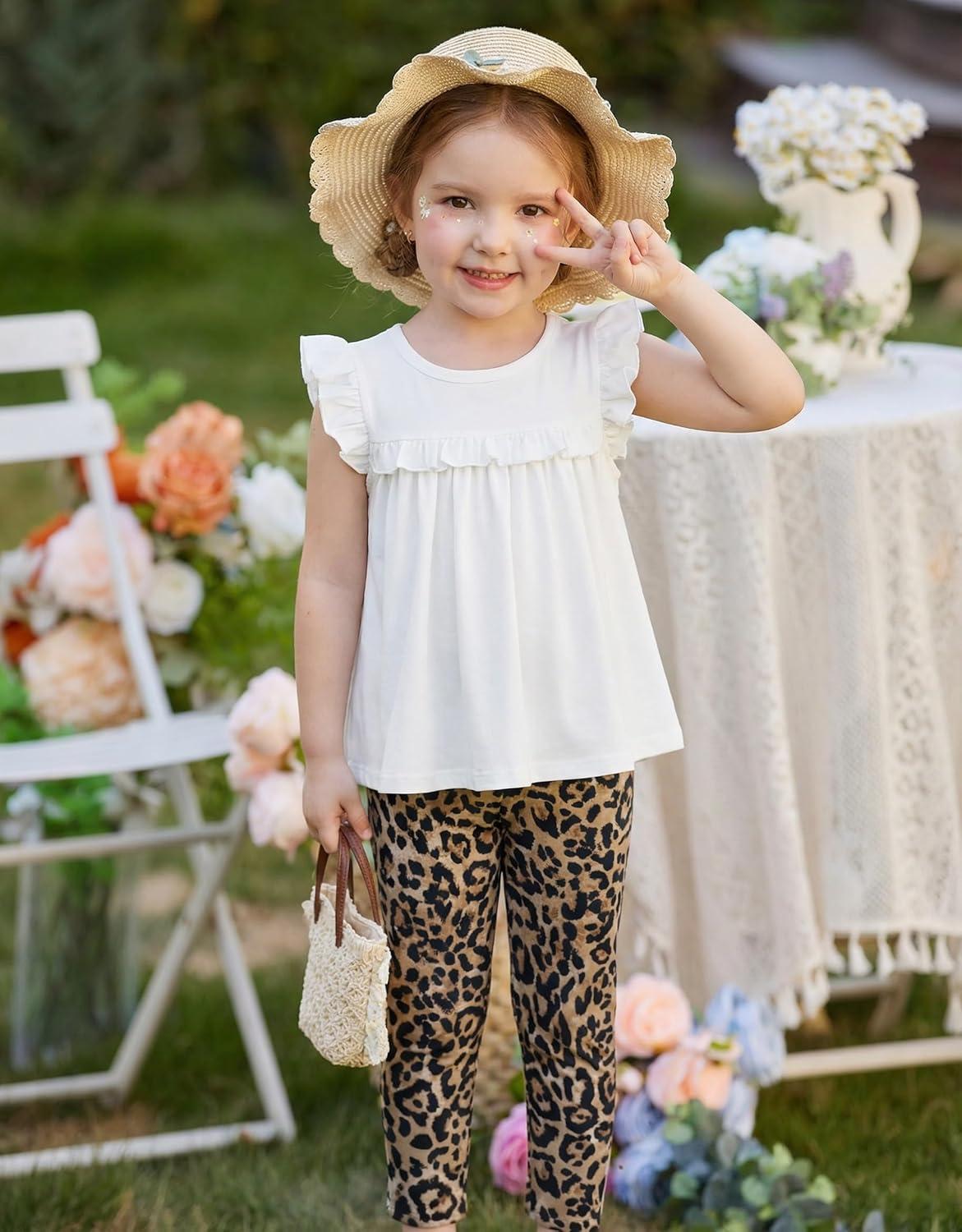 image:imageArshiner Toddler Girls 2Piece Outfits Ruffle Sleeve Tee amp Elastic Waist Pants Kids Summer Clothing Set For 210 YearsLeopard