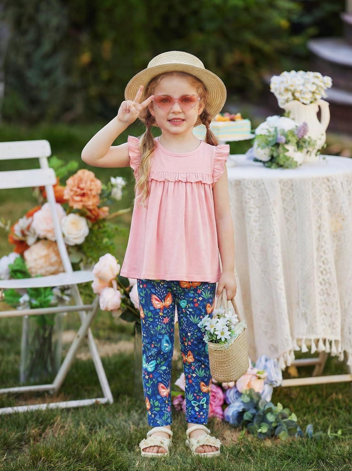 image:imageArshiner Toddler Girls 2Piece Outfits Ruffle Sleeve Tee amp Elastic Waist Pants Kids Summer Clothing Set For 210 YearsPink Butterfly