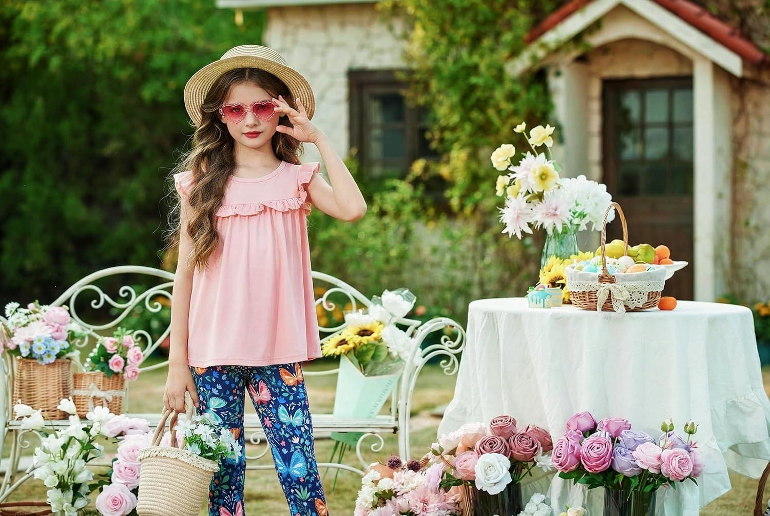 image:imageArshiner Toddler Girls 2Piece Outfits Ruffle Sleeve Tee amp Elastic Waist Pants Kids Summer Clothing Set For 210 YearsPink Butterfly