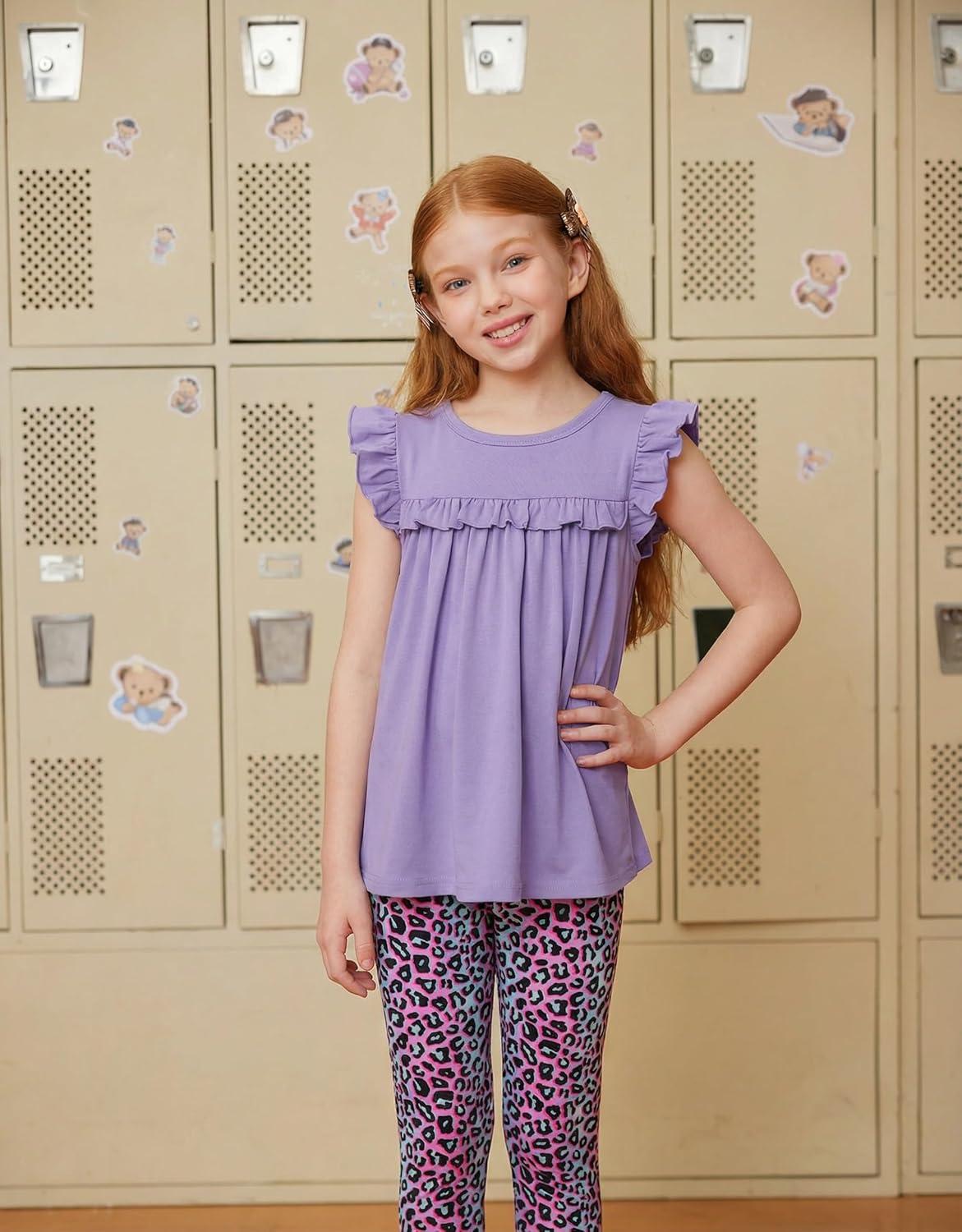 image:imageArshiner Toddler Girls 2Piece Outfits Ruffle Sleeve Tee amp Elastic Waist Pants Kids Summer Clothing Set For 210 YearsPurple Leopard