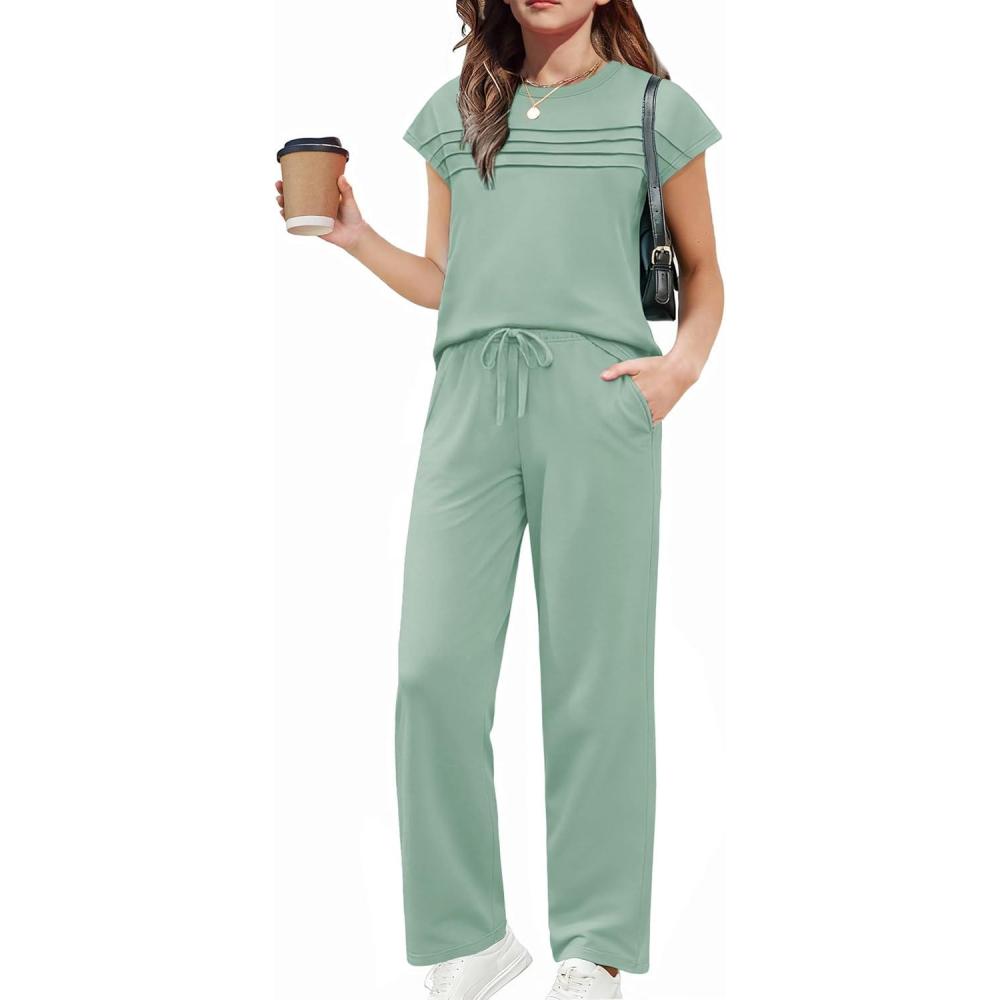 image:imageArshiner Girls 2 Piece Outfits Summer Clothes Short Sleeve Crewneck Tops Wide Leg Pants Trendy Clothing SetsLight Green