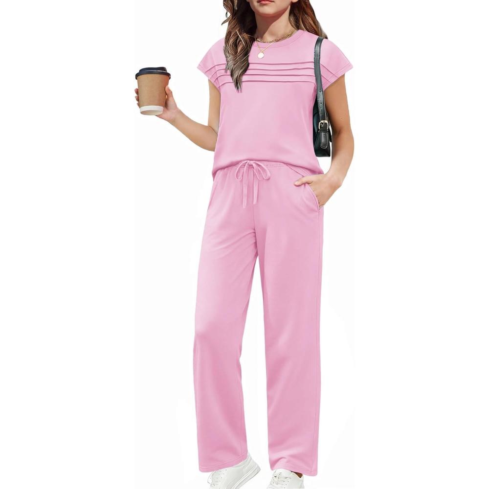 image:imageArshiner Girls 2 Piece Outfits Summer Clothes Short Sleeve Crewneck Tops Wide Leg Pants Trendy Clothing SetsPink