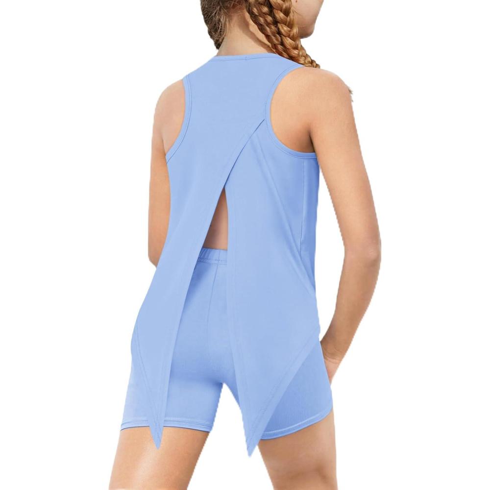image:imageArshiner Girls 2 Piece Outfits Summer Clothes Sleeveless Pullover Open Back Tank Tops and Biker Shorts Kids Athletic SetsLight Blue