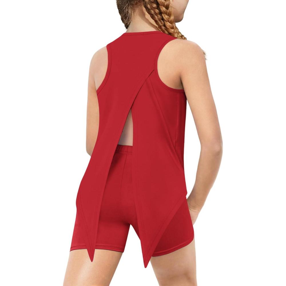image:imageArshiner Girls 2 Piece Outfits Summer Clothes Sleeveless Pullover Open Back Tank Tops and Biker Shorts Kids Athletic SetsRed