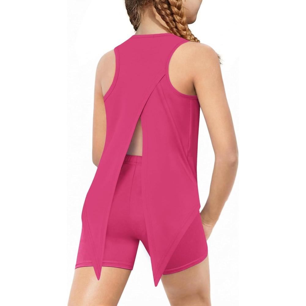 image:imageArshiner Girls 2 Piece Outfits Summer Clothes Sleeveless Pullover Open Back Tank Tops and Biker Shorts Kids Athletic SetsRose Pink