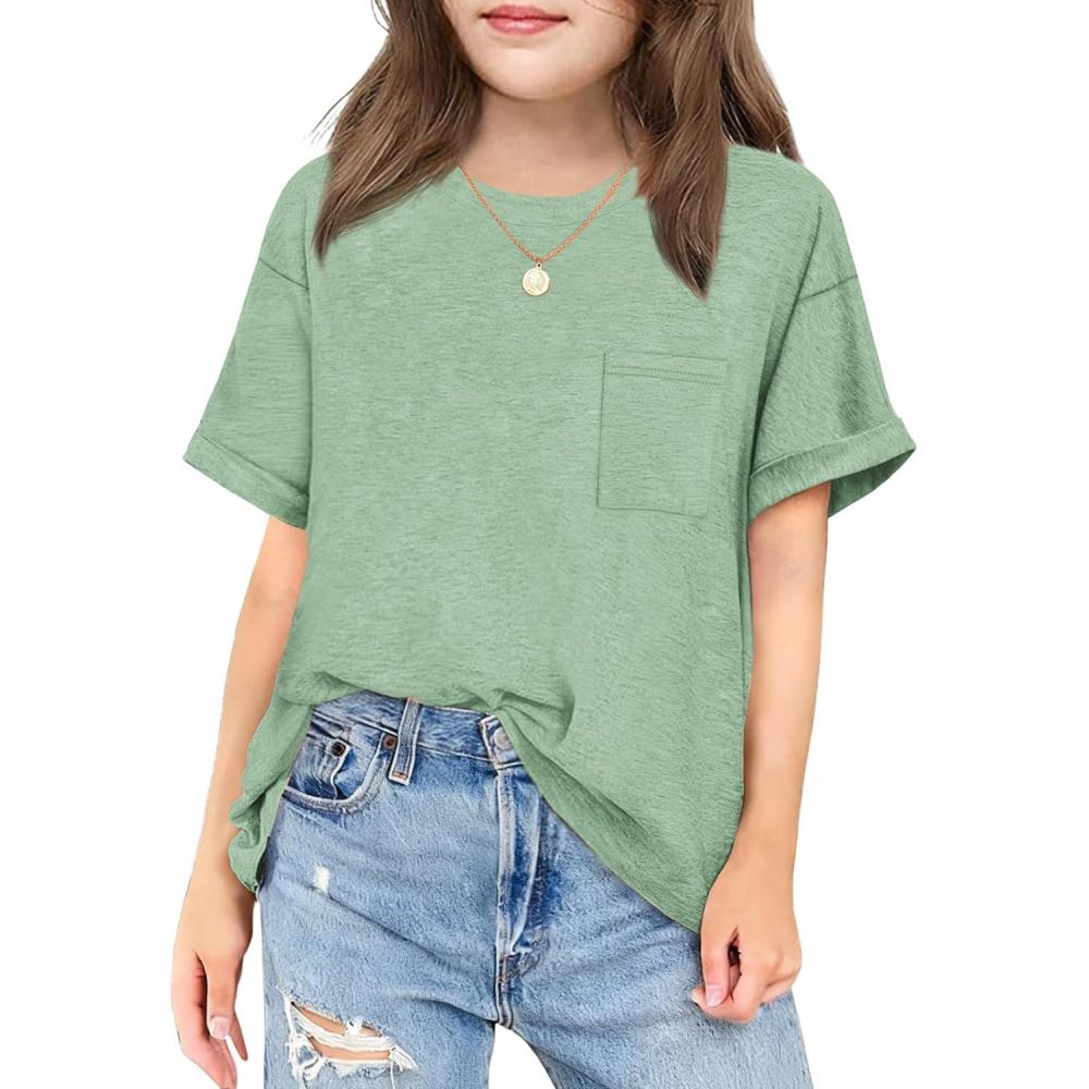 image:imageArshiner Girls Oversized T Shirts with Pocket Short Sleeve Basic Crewneck Summer Casual Loose Tops Clothes 514 YearsLight Green