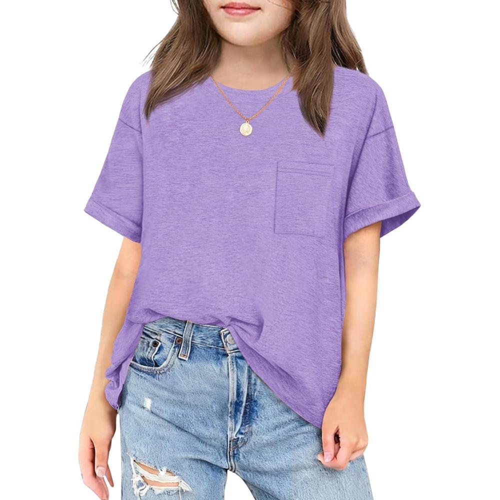image:imageArshiner Girls Oversized T Shirts with Pocket Short Sleeve Basic Crewneck Summer Casual Loose Tops Clothes 514 YearsPurple