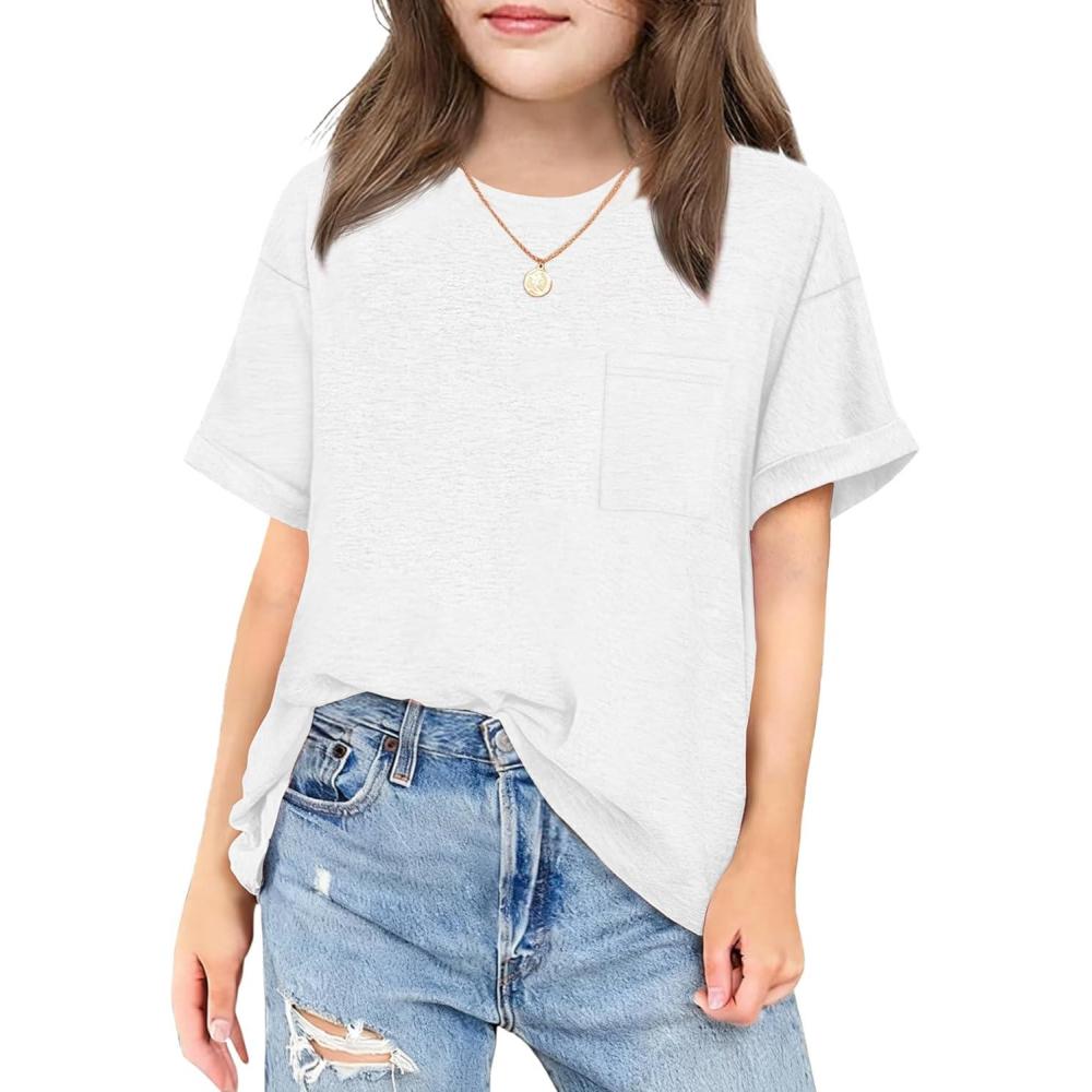 image:imageArshiner Girls Oversized T Shirts with Pocket Short Sleeve Basic Crewneck Summer Casual Loose Tops Clothes 514 YearsWhite