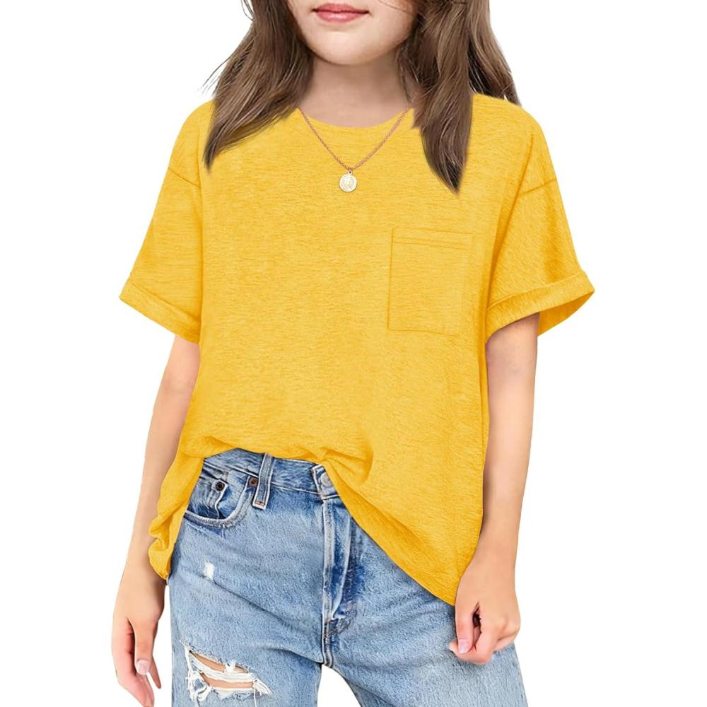 image:imageArshiner Girls Oversized T Shirts with Pocket Short Sleeve Basic Crewneck Summer Casual Loose Tops Clothes 514 YearsYellow