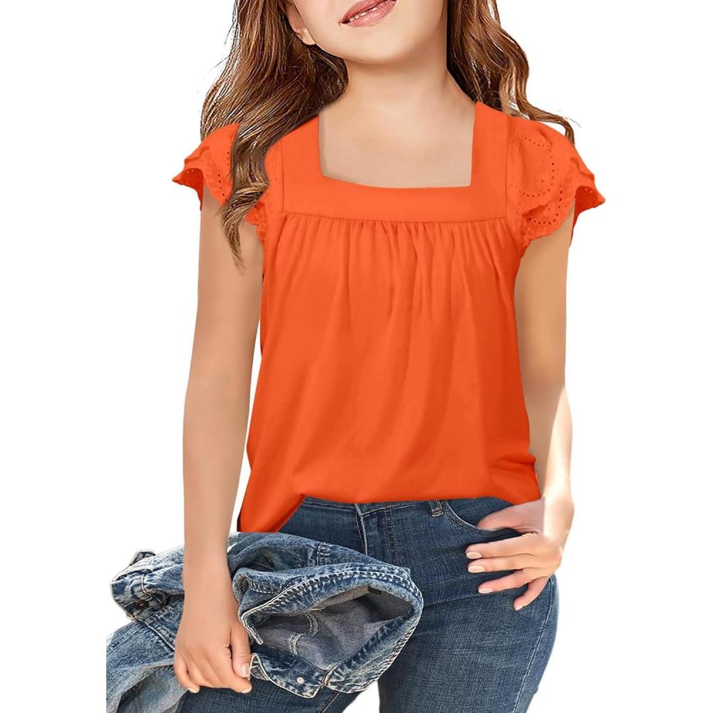 image:imageArshiner Girls Shirts Short Sleeve Square Neck Summer Lace Openwork Pleated Tops Blouse TunicOrange